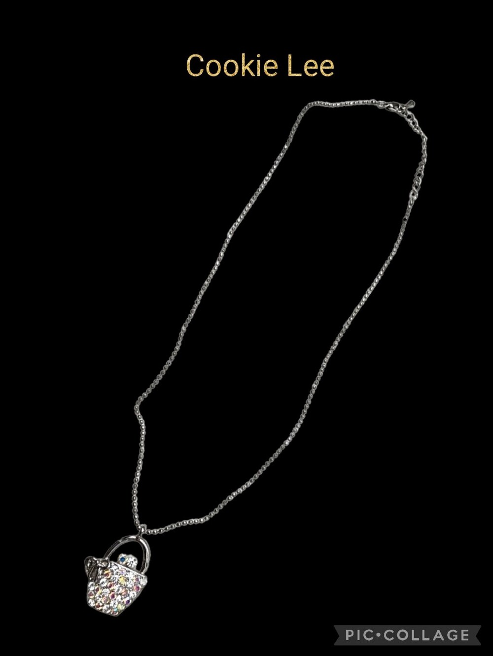 Cookie Lee crystal rhinestone purse/basket necklace & silver tone chain extented